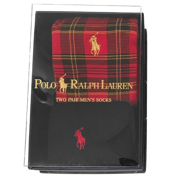 NEW Polo Ralph Lauren 2 Pair Sock Set  in Gift Box!  Black & Red Tartan Plaid - Picture 1 of 4
